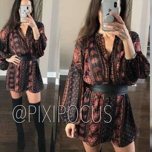 Zara Black Mini Dress with Rust and Burgundy Paisley. NWT Size XS